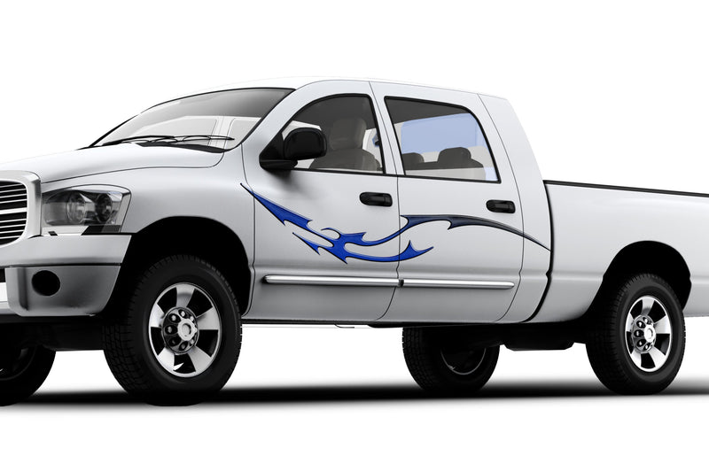 dragon tail vinyl graphics on the side of white pickup truck